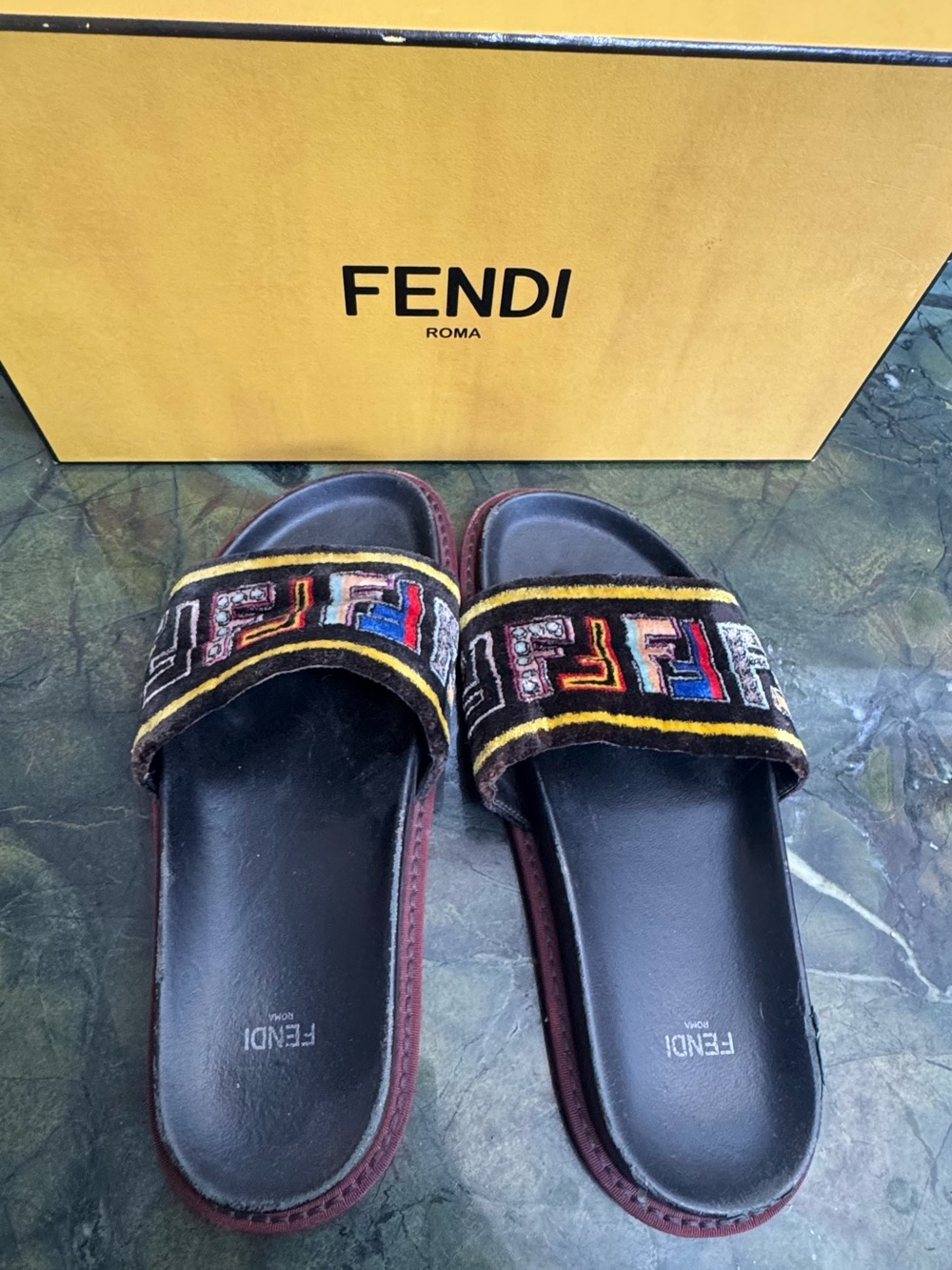 Fendi Zucca Black velvet Slides with Multicolor FF Embroidered Straps